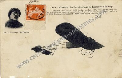 Carte postale ancienne Monoplan Blériot piloté par Le Lasseur — De Ranzay — Aviation